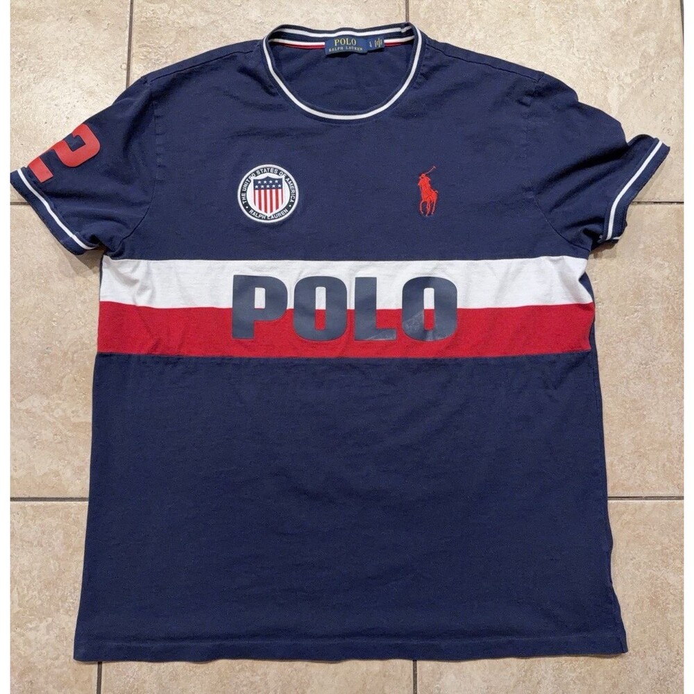 Polo Ralph Lauren Shirt Mens Large Blue United States Crest Big Pony Spell out